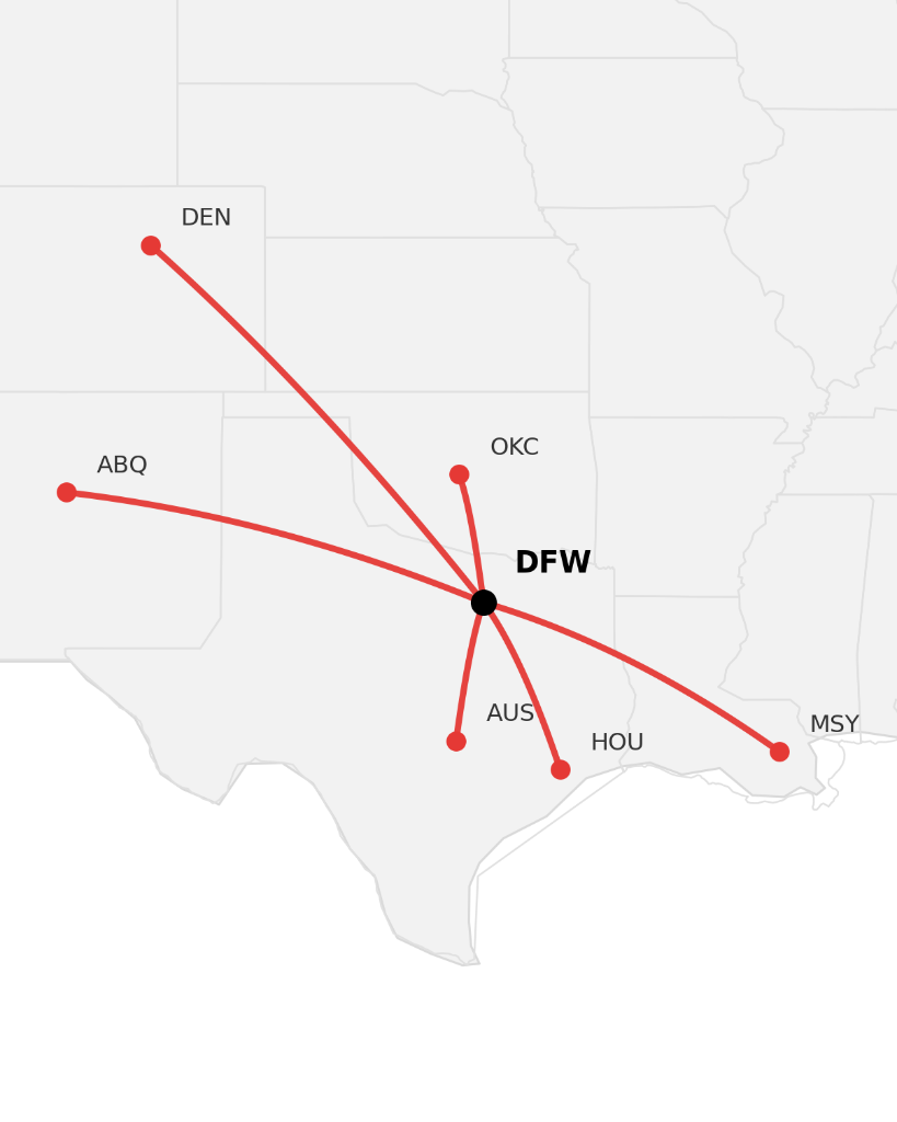 Route map from Dallas / Fort Worth, TX